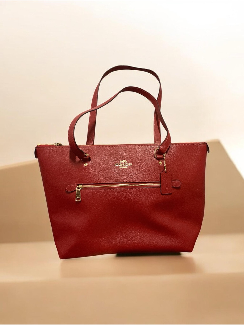 Coach Red Leather Shoulder Tote With Gold Hardware
